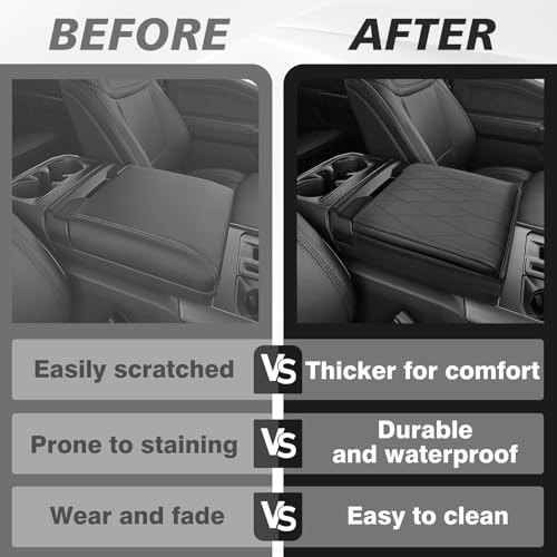 Muslogy Center Console Armrest Cover Fit for Ford F-150 F150 2021-2025 2026 Accessories, Comfort Armrest Pad Console Lid Cushion Vegan Leather 1-Inch Extra Thick(WorkSurface ONLY) - size: 2) 21-25 |F150| WorkSurface, +Thick