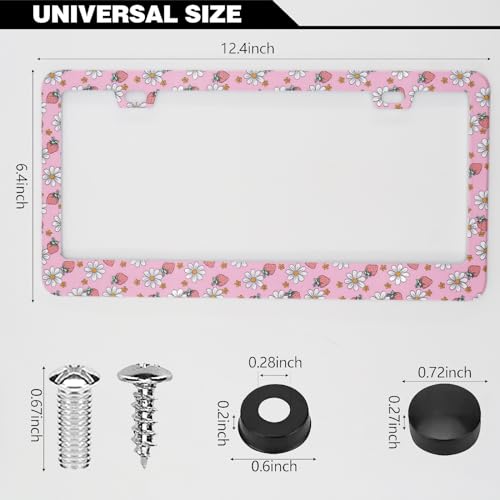 Pink Strawberry Daisy Flowers License Plate Frames, 2 Pack Strawberry Flower Car Plate Frame, Stainless Steel License Plate Holders Covers with Free Screws Fasteners Caps (Pink Strawberry Flowers) - color: Pink Strawberry Flowers