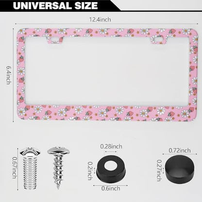 Pink Strawberry Daisy Flowers License Plate Frames, 2 Pack Strawberry Flower Car Plate Frame, Stainless Steel License Plate Holders Covers with Free Screws Fasteners Caps (Pink Strawberry Flowers) - color: Pink Strawberry Flowers