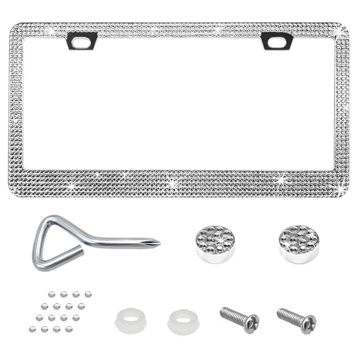 Bling License Plate Frame, Sparkly Rhinestone Car Tag Cover with Glitter Crystal Caps, Stainless Obstruction-Free Licence Plate Holder for Women Girls, Universal Car Accessories (White) - color: White