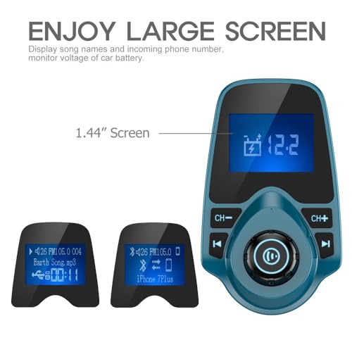 Nulaxy Bluetooth Car FM Transmitter Audio Adapter Receiver Wireless Handsfree Voltmeter Car Kit TF Card AUX 1.44 Display – KM18 Peacock Blue - color: Blue