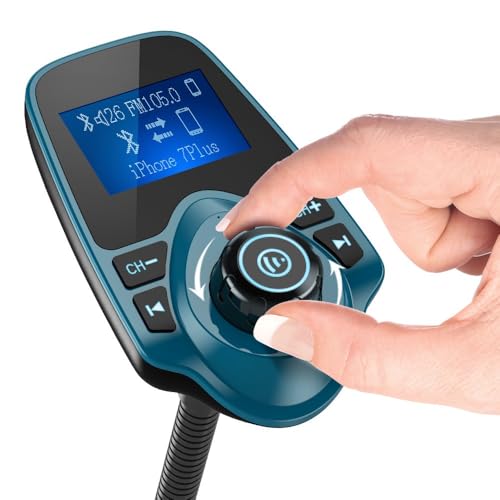 Nulaxy Bluetooth Car FM Transmitter Audio Adapter Receiver Wireless Handsfree Voltmeter Car Kit TF Card AUX 1.44 Display – KM18 Peacock Blue - color: Blue