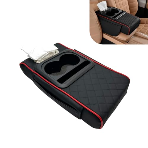 Car Center Console Cover, Upgrade 5-in-1 Genuine Leather Thickened Armrest Box, Armrest Storage Box with Cup, Universal Car Accessories Interior Organizers, for Most Cars (Black & Red) - color: Black & Red