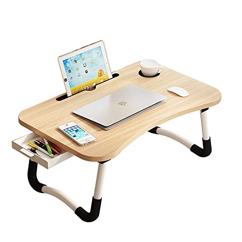 Lap Desk with Storage Drawer, Holders for Cup and Tablet, Laptop Bed Tray Table with Foldable Legs, Laptop Bed Stand, Portable Standing Table for Sofa Couch Floor (23", Walnut) - color: Walnut