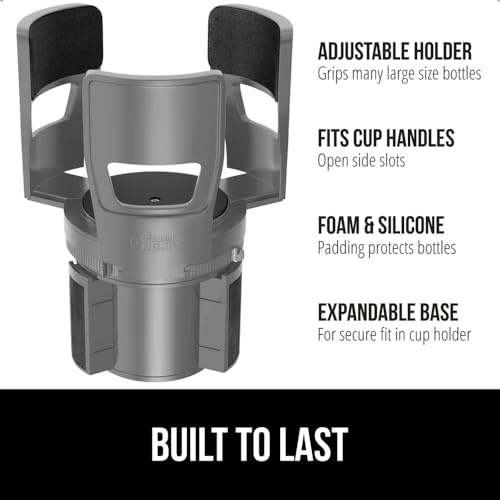 GORILLA GRIP Patent Pending Adjustable Car Cup Holder Expander, Keeps Water Bottle Secure, Expands to Fit 18 to 48 oz Large Bottles, Yeti, Owala, Stanley with Handle, Coffee Mug Insert for Cars, Gray - color: Gray