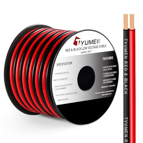 TYUMEN 16 Gauge Red Black Wire 50FT, 16/2 AWG Parallel Electrical Wire 12V/24V DC Cable, 16AWG Flexible Copper Claded Aluminum Extension Cord for LED Ribbon Lamp Tape Lighting, in-Home, Autos Use - size: 50 Feet, style: 16/2 Gauge
