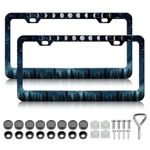 Moon Phase License Plate Frame - 2PCS Starry Sky Forest Stainless Steel Metal License Plate Holder, Rust-Proof Waterproof Car Decorative Tag Frames - color: Starry Sky Forest