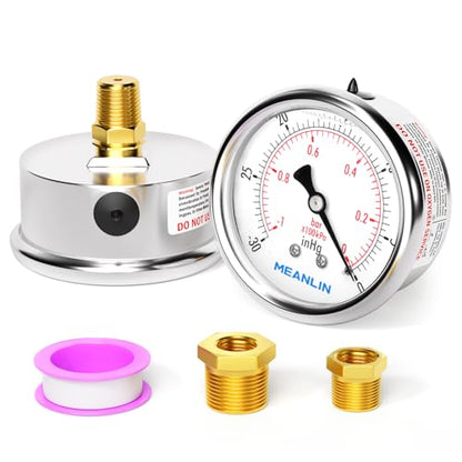 MEANLIN MEASURE -30inHG~0Psi Stainless Steel 1/4" NPT 2.5" FACE DIAL Vacuum Pressure Gauge, Center Back Mount, with 1/2" NPT and 3/8" NPT Hex Bushing - size: -30inhg-0psi