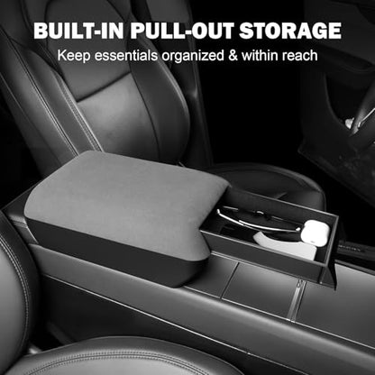 Center Console Armrest Cover with Hidden Storage for Tesla Model Y Juniper 2026 & Model 3 Highland 2024-2026 Soft Padded Elbow Support Pull-Out Organizer Tray Non-Slip Interior Accessories