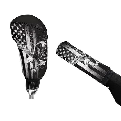 KEIAHUAN 2 Pack PCar Gear Shift Knob Cover & Handbrake Cover Breathable Anti-Slip Comfy Gear Shift Covers Universal for Most Cars,Sedans,SUVs, American Flag Eagle - color: American Flag Eagle-black