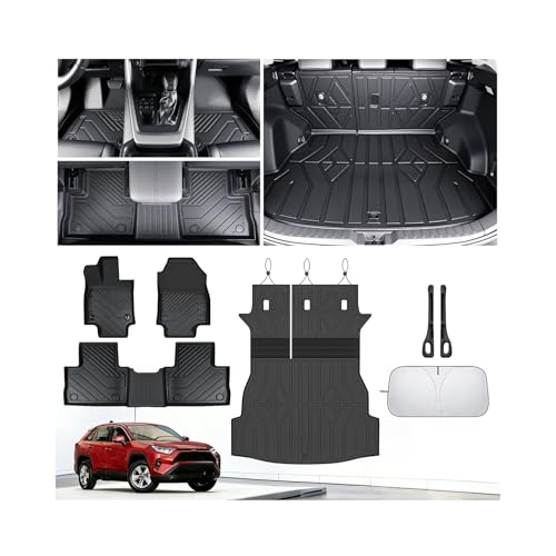 Floor Mats for Toyota RAV4 2019-2023 2024 2025 (Not for Hybrid), All Weather Protection Custom Floor Mats Trunk Cargo and Car Windshield Cover Set for Car Accessories,Car Floor Liners Set - size: RAV4 Set 2019-2024