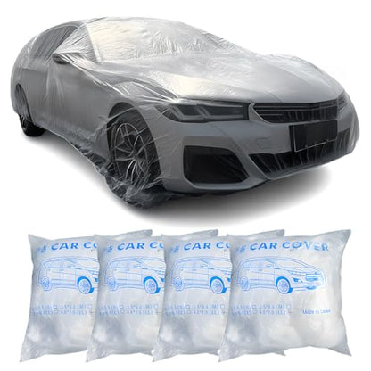 4PCS Disposable Car Cover, 12. 5 x 21. 7Ft Waterproof Clear Plastic Full Car Cover with Elastic Band, Universal Dustproof Auto Protective Cover, Car Exterior Accessories for Sedan, Truck, SUV