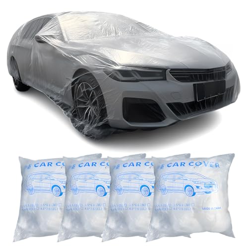 4PCS Disposable Car Cover, 12. 5 x 21. 7Ft Waterproof Clear Plastic Full Car Cover with Elastic Band, Universal Dustproof Auto Protective Cover, Car Exterior Accessories for Sedan, Truck, SUV