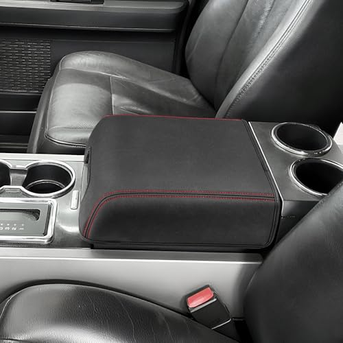 Center Console Cover for Ford F150 XL XLT 2004-2014, Expedition 2007-2014, Lincoln Mark LT 2006-2008, PU Leather Middle Armrest Cusion Protector, Bucket Seat Only, Anti-Scratch, Black Red Stitching - size: Bucket Seat, 04-14 F150 XL XLT, red stitch