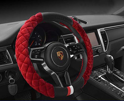 HAOKAY Luxury Fluffy Steering Wheel Cover for Women,Soft Warm Short Plush Steering Wheel Cover Red Fuzzy with Universal 14.5-15 Inch - color: RED