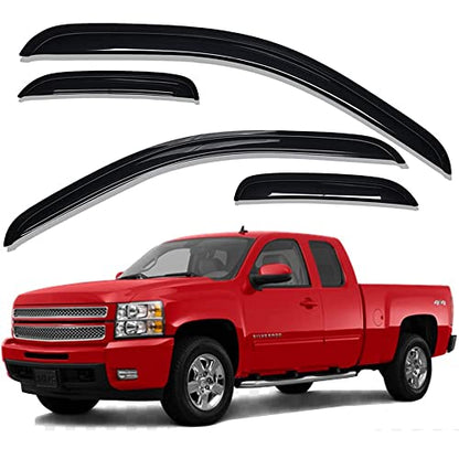 94040 Side Window Visor Wind Vent Deflector fit for 2007-2013 Chevy Silverado/GMC Sierra 1500,2007-2014 2500HD/3500HD with Extended Cab, 4pcs Out-Channel Tape-On Sun Rain Guards Set - size: 07-13 Double/Extend Cab（Half Rear Door)