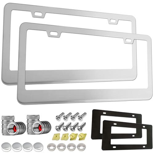 Aootf Stainless Steel License Plate Frames- Heavy Duty Polish Mirror Car Tag Cover with Chrome Screw Caps, 2 Hole 2 Pack Front & Rear Holders for Women/Men, Tire Valve Caps, Rattle Proof Pads - color: 2 Hole Stainless Steel