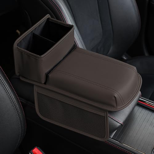 JEYODA Upgraded Car Armrest Cover,Premium Leather Car Armrest Cover Cushion with Storage Holder, Caddy for car (brown) - color: brown