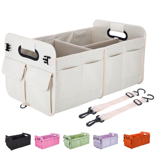 titiyiof Trunk Organizer For Suv & Sedan,Car Organizers and Storage, Waterproof Collapsible & Adjustable Straps,75L Sturdy Car Organization for Car Accessories, Tools,Sundries,2-3 Compartment（Beige） - color: Beige, size: Large (75l)