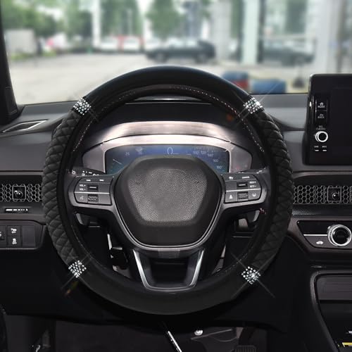 Bling Soft Leather Steering Wheel Cover, 15 Inch Colorful Rhinestones Auto Elastic Steering Wheel Protector for Women Girls, Car Accessories Anti Slip Steering Wheel Cover for Cars, SUVs (Black) - color: Black