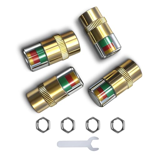 4-Pack Car Tire Pressure Monitoring Valve Caps with Tri-Color Warning System, 2.4Bar/36psi Tire Pressure Detector, Fits Most Vehicle Models, Includes 4 Screws + Wrench (Gold) - color: Gold