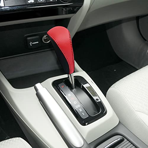 Compatible with DIY Genuine Leather Gear Shift Knob Cover Interior Accessories Protective Decoration for Honda 9th Civic 2012 2013 2014 2015 Black Red with Red Stitches - color: 2012-2014