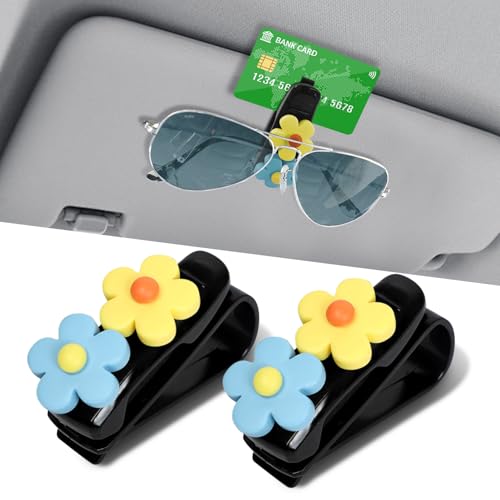 2PCS Flowers Car Sun Visor Sunglass Holder, Visor Sunglasses Clip, Multifunctional Sunglasses Holder and Ticket Card Clip, Car Sunglass Organizer for Different Size Glasses (Blue/Yellow) - color: Blue/Yellow