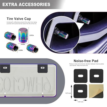 Iridescent License Plate Frame, 2 Holes Fashion Purple Stainless Steel Mirror Polish Holder, 2 Pack Waterproof Rust-Proof Universal US Car Frame, Including Screws, Caps and Rattle Proof Pads - color: Iridescent