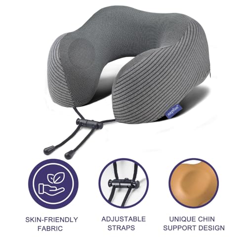 napfun Neck Pillow for Travel with Travel Pouch, Sleep Mask & Earplugs, Memory Foam Airplane Pillow for Headrest Sleep with Eyeshades, Plane Essentials with Eye Blindfold, Dark Gray Striped Kit - color: Dark Gray Striped Kit