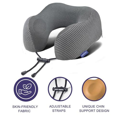 napfun Neck Pillow for Travel with Travel Pouch, Sleep Mask & Earplugs, Memory Foam Airplane Pillow for Headrest Sleep with Eyeshades, Plane Essentials with Eye Blindfold, Dark Gray Striped Kit - color: Dark Gray Striped Kit