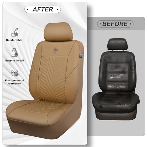 CAR PASS Faux Leather Car Seat Covers, 3D Tyre Embossed Waterproof Universal Fit 5 Seat Covers for SUV, Automotive Truck, Scratch Proof, Airbag Compatible (Deluxe Full Set, All Beige) - color: All Beige