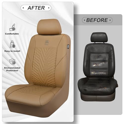 CAR PASS Faux Leather Car Seat Covers, 3D Tyre Embossed Waterproof Universal Fit 5 Seat Covers for SUV, Automotive Truck, Scratch Proof, Airbag Compatible (Deluxe Full Set, All Beige) - color: All Beige