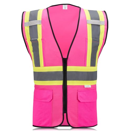 High Visibility Reflective Safety Vest with Zipper and Pockets Pink,M - color: Pink, size: Medium
