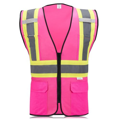 High Visibility Reflective Safety Vest with Zipper and Pockets Pink,M - color: Pink, size: Medium