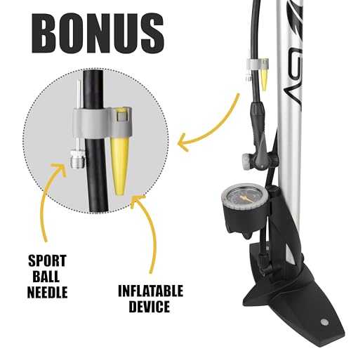BV Bicycle Pump Durable Bike Floor Pump 17/24 inch Smart Valve Head, 160 psi, Automatically Reversible Presta and Schrader - style: Regular - Silver