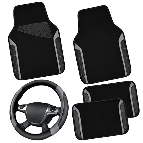 CAR PASS Leather Steering Wheel Cover and Waterproof Car Floor Mats,Microfiber Universal Car Combo Fit for 95% Sedan,SUV,Cars,14.5-15inch Sporty Anti-Slip Safety Comfortable Design(Black＆Gray) - color: Black＆Gray