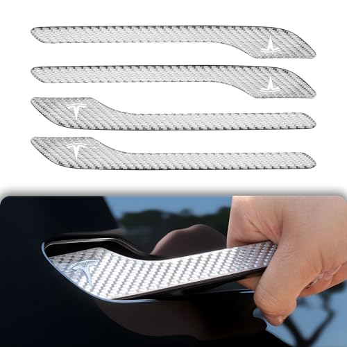 Polwlamks 4 Pack Door Handle Cover Fits Model Y/Model 3, Real Carbon Fiber Handle Cover Sticker, 3D Tesla Door Handle Protector Wrap Covers with 3M Self-Adhesive Backing, Tesla Exterior Accessories - color: Cool Silver