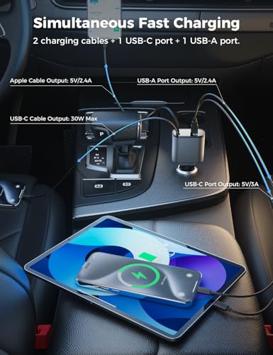 SUPERONE 【Upgraded】 Retractable Car Charger 4 in 1, Fast Car Phone Charger with Cord 2.6ft, USB C and Apple Car Charger Adapter, Compatible with iPhone 17 16 15/15 Pro Max/14/13/12/11, Galaxy, Pixel - color: Gray
