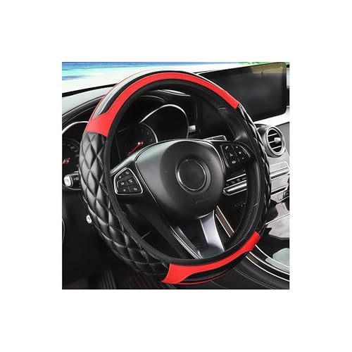Carbon Fiber Car Steering Wheel Cover, Leather Breathable Non-Slip 14.5-15 Inch Vehicle Steering Wheel Protector, Auto Interior Protection Accessories, Universal for SUV Sedan Truck(Red) - color: Red