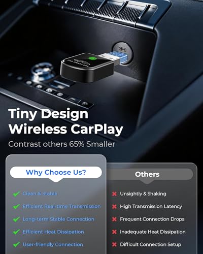 Wireless Carplay Adapter for iPhone Latest Upgrade, Tiny Bluetooth Dongle Convert Wired to Wireless for Apple Car Play Plug & Play, Zero-Lag Auto-Connect GPS Works with 2016+ Cars (Black) - color: Black