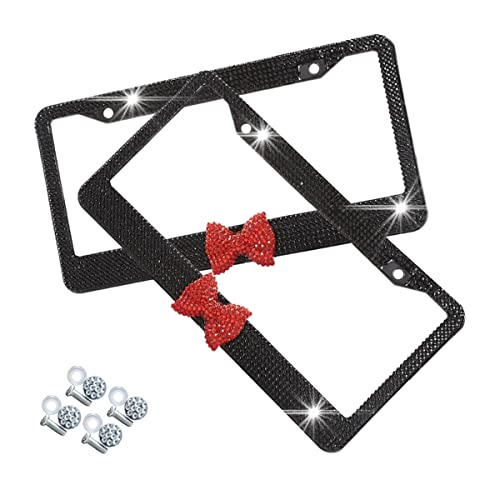AUCELI Bling License Plate Frame, 2 Pack Stainless Steel Crystal Bow Car Plate Covers, US Vehicle License Bracket Holder with Rhinestone Mounting Bolts, Sparkly Car Accessories for Women (Black/Red) - color: Black/Red