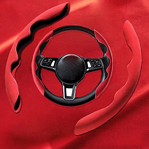 New Fluffy Anti-Skid Steering Wheel Cover Segmented Protector Safe and Non Slip Car Accessory and Durable Easy to Install for Steering Wheels of Universal Fit 99% Car (Suede Material Red) - color: Suede material Red