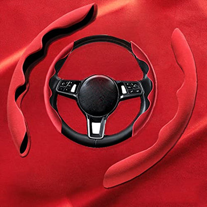 New Fluffy Anti-Skid Steering Wheel Cover Segmented Protector Safe and Non Slip Car Accessory and Durable Easy to Install for Steering Wheels of Universal Fit 99% Car (Suede Material Red) - color: Suede material Red