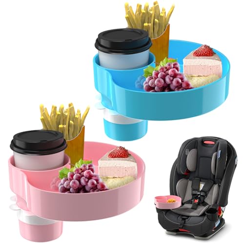 [2 Packs Blue & Pink] Kids Car Seat Tray, Travel Tray with Cup Holder for Toddler Baby, Kids Car Seat Food Snack Organizer for Road Trip, Stroller snack Organizer Travel Must Haves Toddler Must Haves - color: Sky Blue & Pink, size: 2 Pack