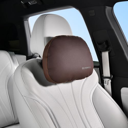 Coverado Leather Car Headrest Pillow Car Neck Pillow with Adjustable Strap, Head Support Rest Driver Relax Head Muscles Relieve Driving Fatigue, Breathable & Removable Cover, Coffee - color: Coffee, size: Neck Support