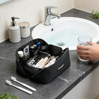 Wrangler Travel Toiletry Bag for Men & Women, Large Capacity Makeup Organizer with 4 Pockets, Water-Resistant Nylon, 180° Lay-Flat Cosmetic Bag with Handle & Double Zipper for Travel, Bathroom & Gym - color: Black