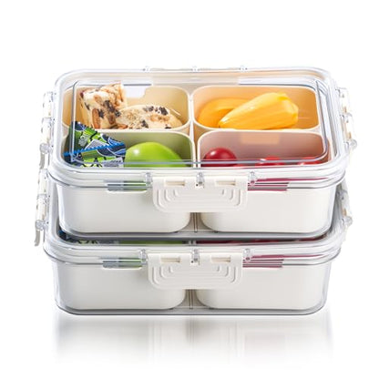 2 Pack Small Snack Box Container with Lid, 4 Compartment Snack Containers for Kids & Adults, Portable Snack Tray Organizer for School Lunch, Work, Beach,Travel & Picnic