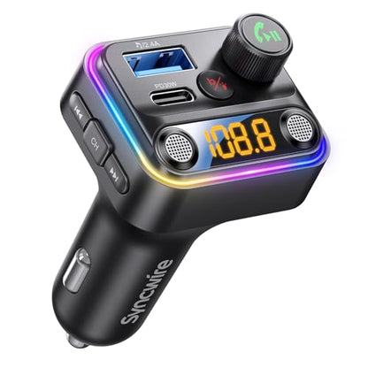 Syncwire Bluetooth 5.4 FM Transmitter Car Adapter 42W [Light Switch] [Stronger Dual-mic] [HiFi Bass Sound] [Fast Charging] Wireless FM Radio Stereo Music Adapter Hands-Free Calling Support USB Drive - color: Black