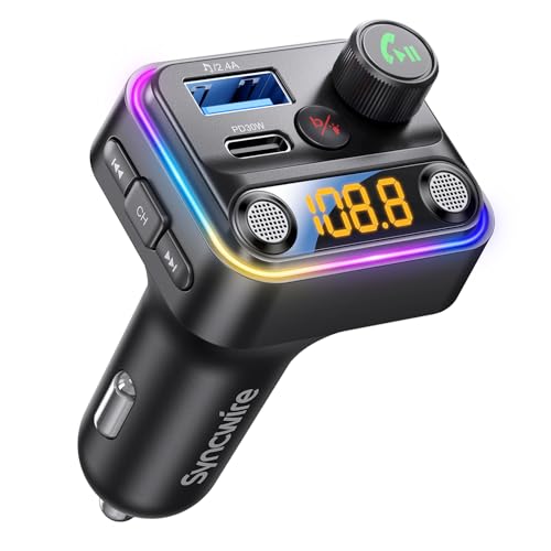 Syncwire Bluetooth 5.4 FM Transmitter Car Adapter 42W [Light Switch] [Stronger Dual-mic] [HiFi Bass Sound] [Fast Charging] Wireless FM Radio Stereo Music Adapter Hands-Free Calling Support USB Drive - color: Black