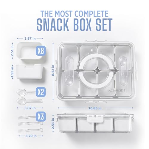 Travel Snack Container for Kids – Snackle Box with 8 Removable Compartments, Utensils and Recipe QR – Snack Box for Road Trips, Beach, Picnic and School Lunch